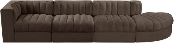 Meridian Furniture Rummi Four Piece Modular Sectional Brown Velvet Channel Tufted Low Profile Sofa 660Brown-Sec4D