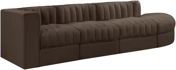Meridian Furniture Rummi Four Piece Modular Sectional Brown Velvet Channel Tufted Low Profile Sofa 660Brown-Sec4D