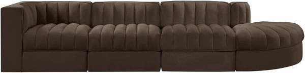 Meridian Furniture Rummi Four Piece Modular Sectional Brown Velvet Channel Tufted Low Profile Sofa 660Brown-Sec4D