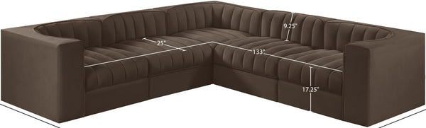 Meridian Furniture Rummi Five Piece Modular Sectional in Channel Tufted Brown Performance Velvet 660Brown-Sec5B