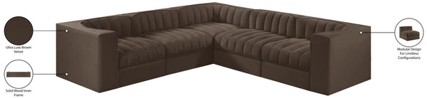 Meridian Furniture Rummi Five Piece Modular Sectional in Channel Tufted Brown Performance Velvet 660Brown-Sec5B