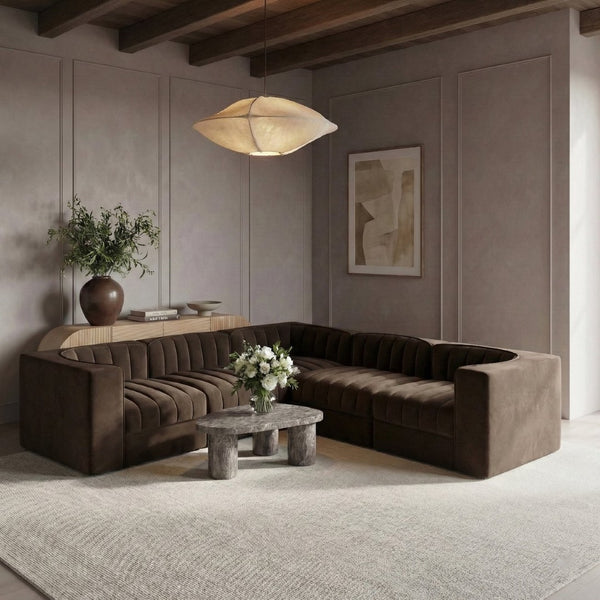 Meridian Furniture Rummi Five Piece Modular Sectional in Channel Tufted Brown Performance Velvet 660Brown-Sec5B
