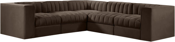 Meridian Furniture Rummi Five Piece Modular Sectional in Channel Tufted Brown Performance Velvet 660Brown-Sec5B