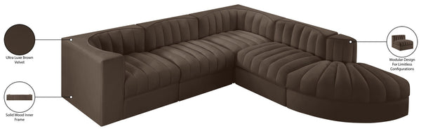 Meridian Furniture Rummi Five Piece Modular Sectional with Channel Tufted Brown Velvet Performance Fabric 660Brown-Sec5C