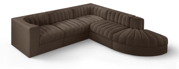 Meridian Furniture Rummi Five Piece Modular Sectional with Channel Tufted Brown Velvet Performance Fabric 660Brown-Sec5C