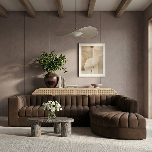 Meridian Furniture Rummi Five Piece Modular Sectional with Channel Tufted Brown Velvet Performance Fabric 660Brown-Sec5C