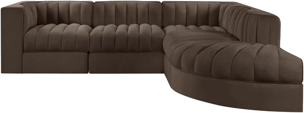 Meridian Furniture Rummi Five Piece Modular Sectional with Channel Tufted Brown Velvet Performance Fabric 660Brown-Sec5C