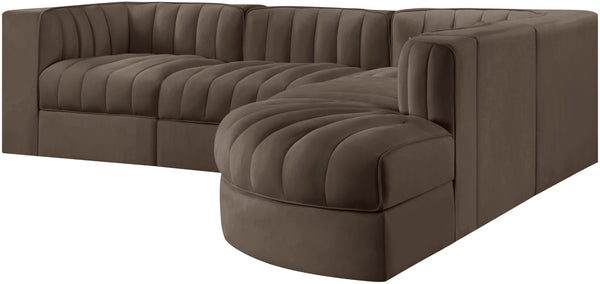 Meridian Furniture Rummi Five Piece Modular Sectional with Channel Tufted Brown Velvet Performance Fabric 660Brown-Sec5C