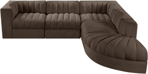 Meridian Furniture Rummi Five Piece Modular Sectional with Channel Tufted Brown Velvet Performance Fabric 660Brown-Sec5C