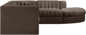 Meridian Furniture Rummi Five Piece Modular Sectional with Channel Tufted Brown Velvet Performance Fabric 660Brown-Sec5C