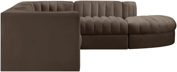 Meridian Furniture Rummi Five Piece Modular Sectional with Channel Tufted Brown Velvet Performance Fabric 660Brown-Sec5C