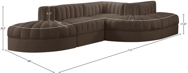 Meridian Furniture Rummi Five Piece Modular Sectional Brown Velvet Channel Tufted Contemporary Sofa 660Brown-Sec5D