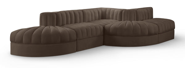 Meridian Furniture Rummi Five Piece Modular Sectional Brown Velvet Channel Tufted Contemporary Sofa 660Brown-Sec5D