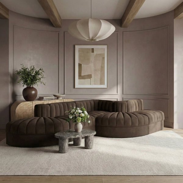 Meridian Furniture Rummi Five Piece Modular Sectional Brown Velvet Channel Tufted Contemporary Sofa 660Brown-Sec5D