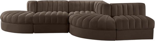 Meridian Furniture Rummi Five Piece Modular Sectional Brown Velvet Channel Tufted Contemporary Sofa 660Brown-Sec5D