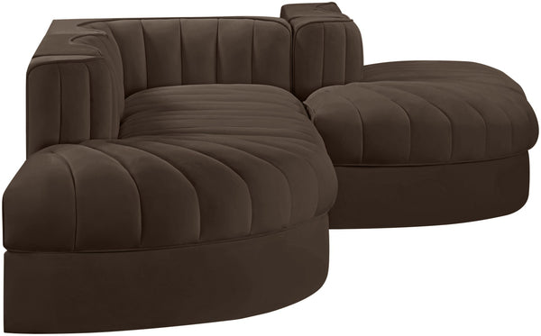 Meridian Furniture Rummi Five Piece Modular Sectional Brown Velvet Channel Tufted Contemporary Sofa 660Brown-Sec5D