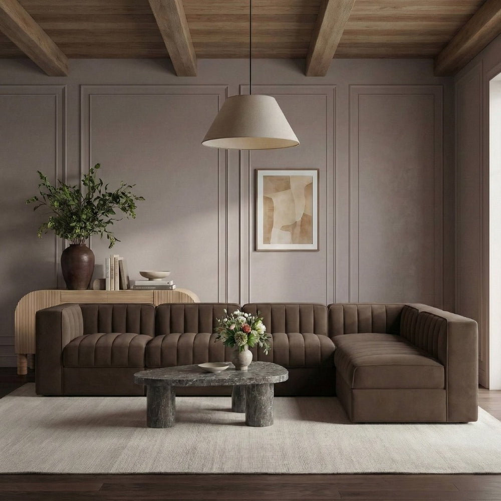 Meridian Furniture Rummi Six Piece Channel Tufted Modular Sectional Brown Velvet Performance Fabric 660Brown-Sec6B