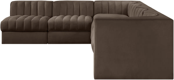 Meridian Furniture Rummi Six Piece Channel Tufted Modular Sectional Brown Velvet Performance Fabric 660Brown-Sec6B