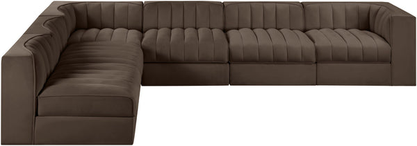 Meridian Furniture Rummi Six Piece Channel Tufted Modular Sectional Brown Velvet Performance Fabric 660Brown-Sec6B