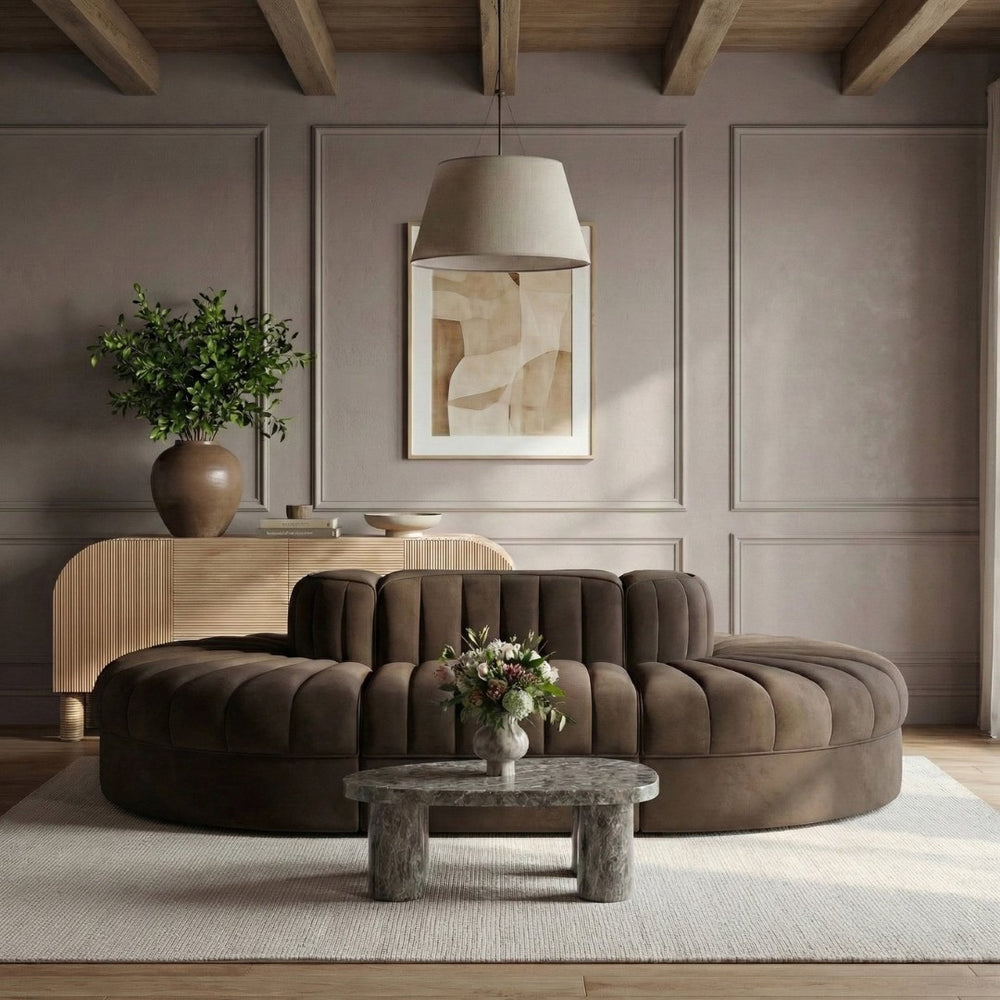 Meridian Furniture Rummi Six Piece Modular Sectional Channel Tufted Brown Velvet Performance Fabric Sofa 660Brown-Sec6C