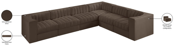 Meridian Furniture Rummi Six Piece Modular Sectional with Channel Tufted Brown Velvet Performance Fabric 660Brown-Sec6D