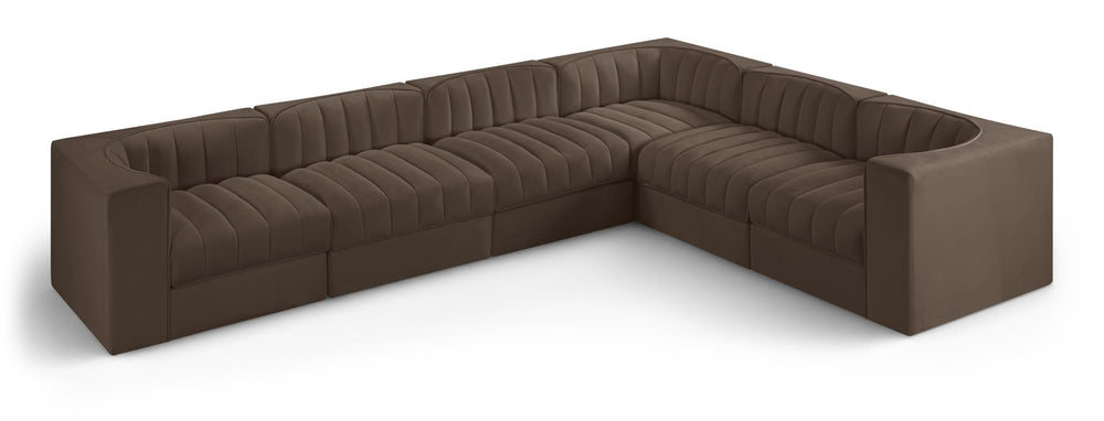 Meridian Furniture Rummi Six Piece Modular Sectional with Channel Tufted Brown Velvet Performance Fabric 660Brown-Sec6D