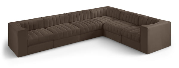 Meridian Furniture Rummi Six Piece Modular Sectional with Channel Tufted Brown Velvet Performance Fabric 660Brown-Sec6D