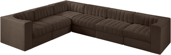 Meridian Furniture Rummi Six Piece Modular Sectional with Channel Tufted Brown Velvet Performance Fabric 660Brown-Sec6D