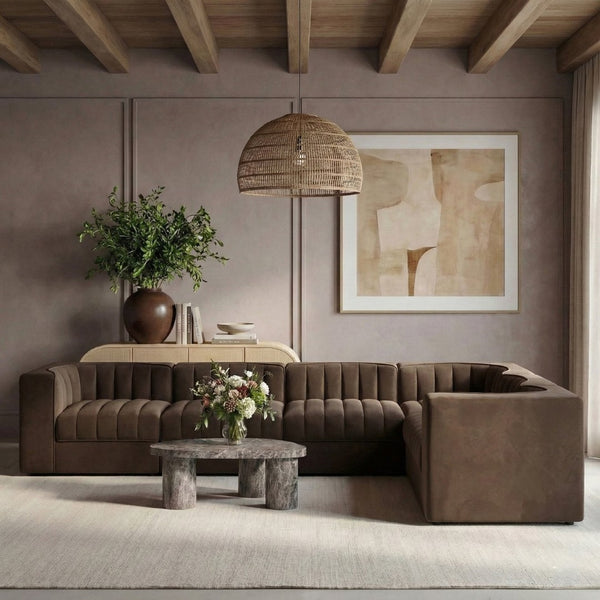 Meridian Furniture Rummi Six Piece Modular Sectional with Channel Tufted Brown Velvet Performance Fabric 660Brown-Sec6D