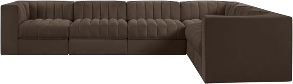 Meridian Furniture Rummi Six Piece Modular Sectional with Channel Tufted Brown Velvet Performance Fabric 660Brown-Sec6D