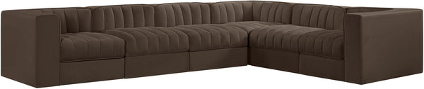 Meridian Furniture Rummi Six Piece Modular Sectional with Channel Tufted Brown Velvet Performance Fabric 660Brown-Sec6D