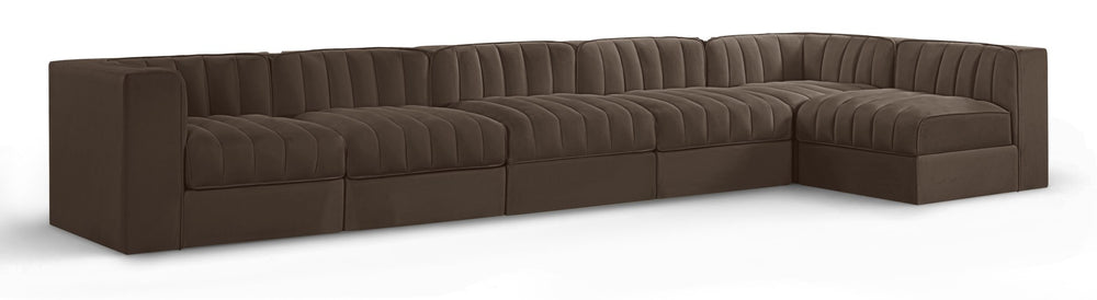 Meridian Furniture Rummi Six Piece Modular Sectional Brown Velvet Channel Tufted Contemporary Sofa 660Brown-Sec6E