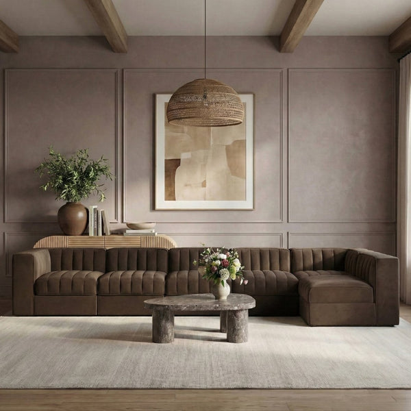 Meridian Furniture Rummi Six Piece Modular Sectional Brown Velvet Channel Tufted Contemporary Sofa 660Brown-Sec6E