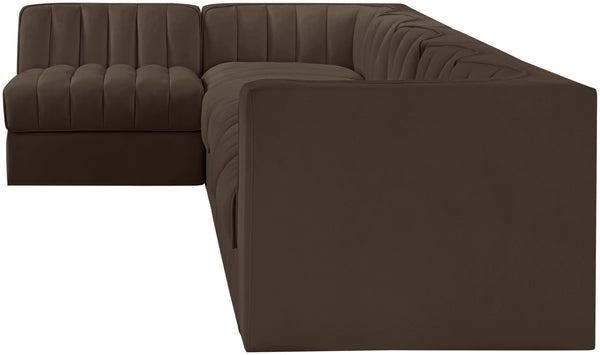 Meridian Furniture Rummi Six Piece Modular Sectional Brown Velvet Channel Tufted Contemporary Sofa 660Brown-Sec6E