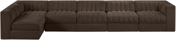 Meridian Furniture Rummi Six Piece Modular Sectional Brown Velvet Channel Tufted Contemporary Sofa 660Brown-Sec6E