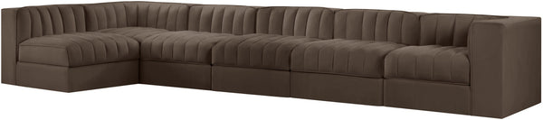Meridian Furniture Rummi Six Piece Modular Sectional Brown Velvet Channel Tufted Contemporary Sofa 660Brown-Sec6E