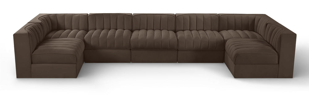 Meridian Furniture Rummi Seven Piece Modular Sectional with Channel Tufting in Velvet Performance Fabric 660Brown-Sec7B