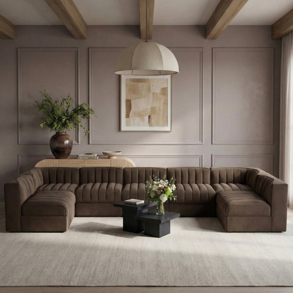 Meridian Furniture Rummi Seven Piece Modular Sectional with Channel Tufting in Velvet Performance Fabric 660Brown-Sec7B