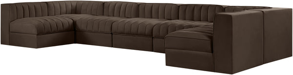 Meridian Furniture Rummi Seven Piece Modular Sectional with Channel Tufting in Velvet Performance Fabric 660Brown-Sec7B