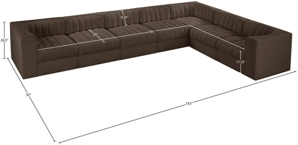 Meridian Furniture Rummi Seven Piece Modular Sectional Brown Velvet Channel Tufted Living Room Sofa 660Brown-Sec7C