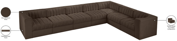 Meridian Furniture Rummi Seven Piece Modular Sectional Brown Velvet Channel Tufted Living Room Sofa 660Brown-Sec7C