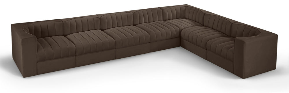 Meridian Furniture Rummi Seven Piece Modular Sectional Brown Velvet Channel Tufted Living Room Sofa 660Brown-Sec7C