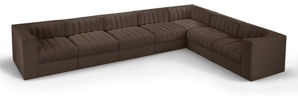 Meridian Furniture Rummi Seven Piece Modular Sectional Brown Velvet Channel Tufted Living Room Sofa 660Brown-Sec7C
