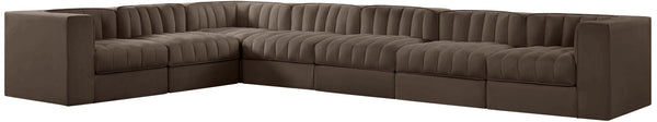 Meridian Furniture Rummi Seven Piece Modular Sectional Brown Velvet Channel Tufted Living Room Sofa 660Brown-Sec7C