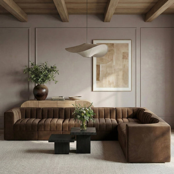 Meridian Furniture Rummi Seven Piece Modular Sectional Brown Velvet Channel Tufted Living Room Sofa 660Brown-Sec7C
