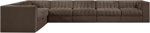 Meridian Furniture Rummi Seven Piece Modular Sectional Brown Velvet Channel Tufted Living Room Sofa 660Brown-Sec7C