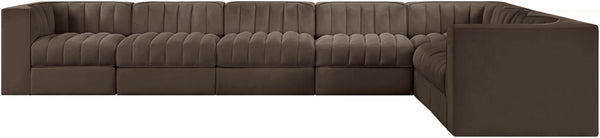 Meridian Furniture Rummi Seven Piece Modular Sectional Brown Velvet Channel Tufted Living Room Sofa 660Brown-Sec7C