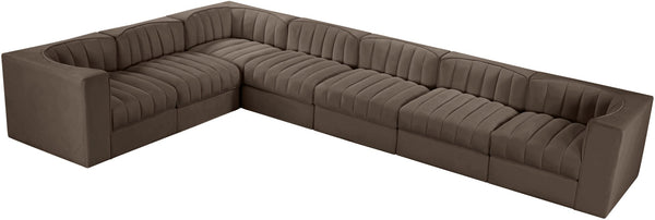 Meridian Furniture Rummi Seven Piece Modular Sectional Brown Velvet Channel Tufted Living Room Sofa 660Brown-Sec7C