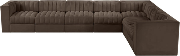 Meridian Furniture Rummi Seven Piece Modular Sectional Brown Velvet Channel Tufted Living Room Sofa 660Brown-Sec7C