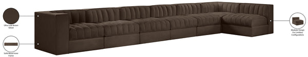 Meridian Furniture Rummi Seven Piece Modular Sectional Brown Velvet Channel Tufted Contemporary Sofa 660Brown-Sec7D